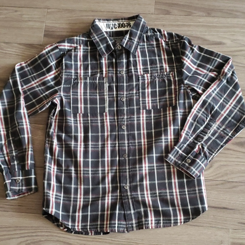 Boys M DKNY Black/Red Plaid Lg sleeve Button Down
